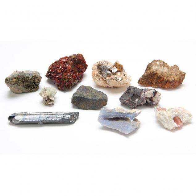garnet-mass-and-nine-unidentified-mineral-specimens