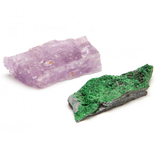 green-garnet-druse-and-pink-beryl-specimens