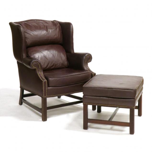 lone-star-leather-chippendale-style-wing-chair-and-ottoman