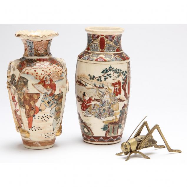 two-japanese-satsuma-vases-brass-grasshopper