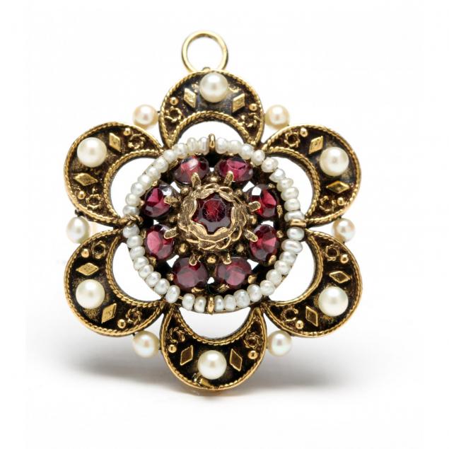 victorian-style-14kt-pearl-and-red-stone-brooch-pendant