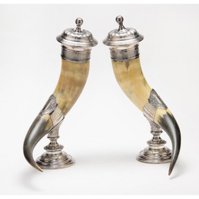 a-pair-of-antique-silver-mounted-ceremonial-drinking-horns