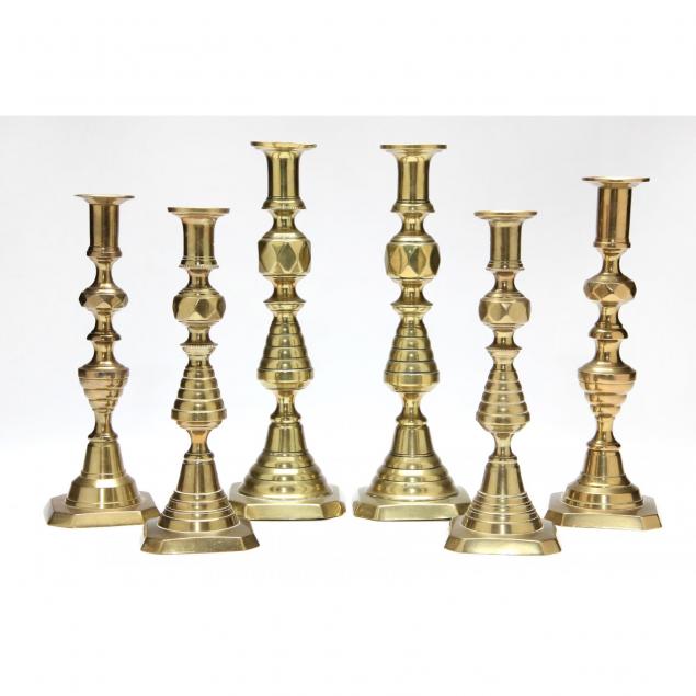 six-english-brass-beehive-candlesticks