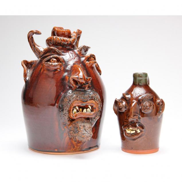 two-nc-folk-pottery-face-jugs-brown-pottery