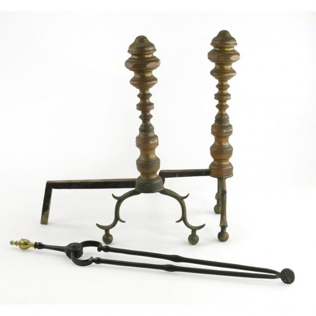 pair-of-19th-century-brass-andirons-fire-tongs