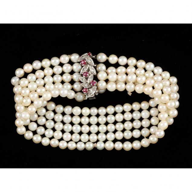 18kt-multi-strand-pearl-diamond-and-ruby-bracelet-signed