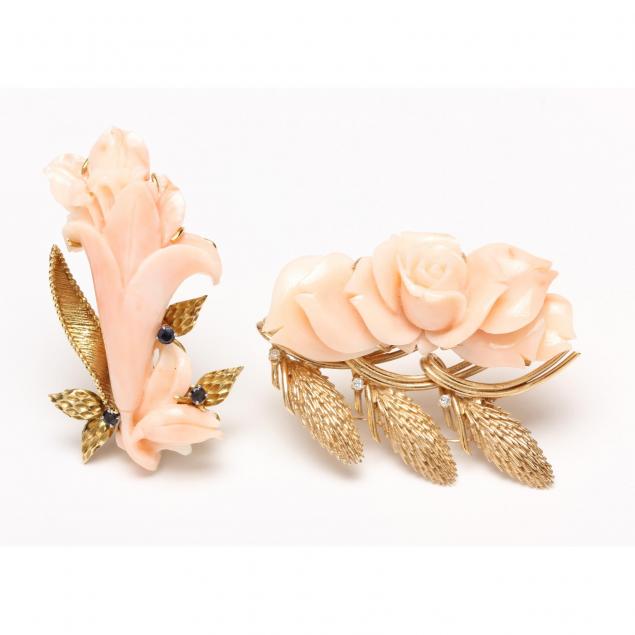 two-gold-and-gemset-coral-brooches