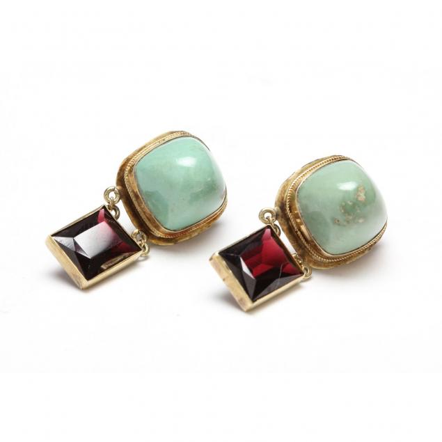 pair-of-14kt-turquoise-and-garnet-earrings