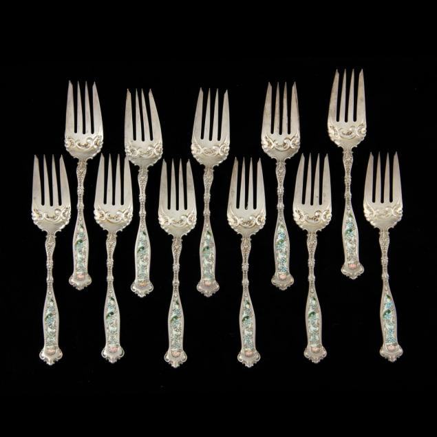 set-of-11-antique-whiting-dresden-sterling-silver-enamel-salad-forks