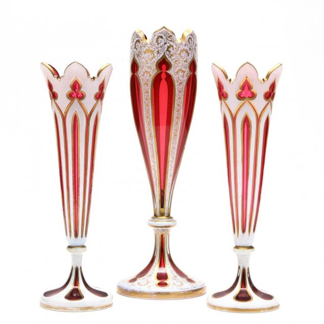 three-bohemian-cut-to-cranberry-glass-vases
