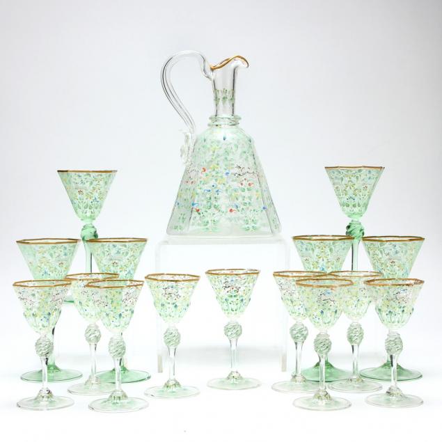venetian-enameled-glass-decanter-set-of-16-pieces