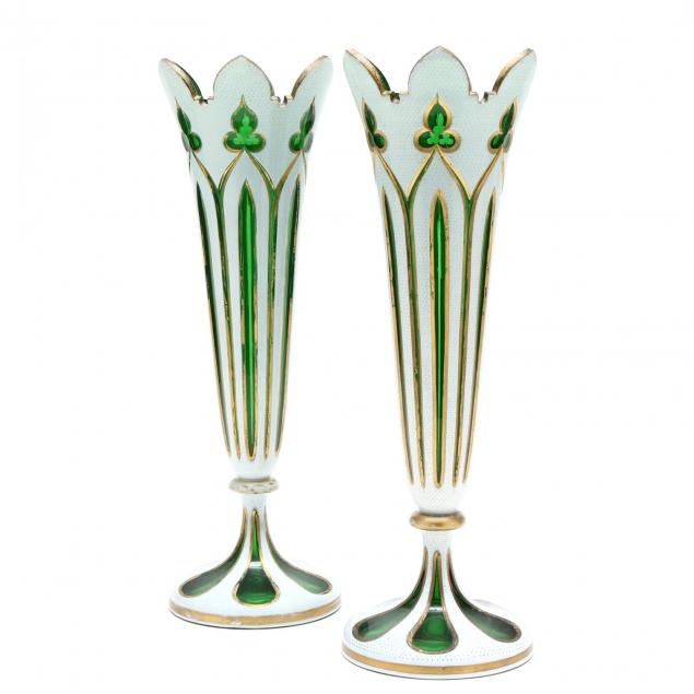 pair-of-bohemian-white-cut-to-green-enameled-vases
