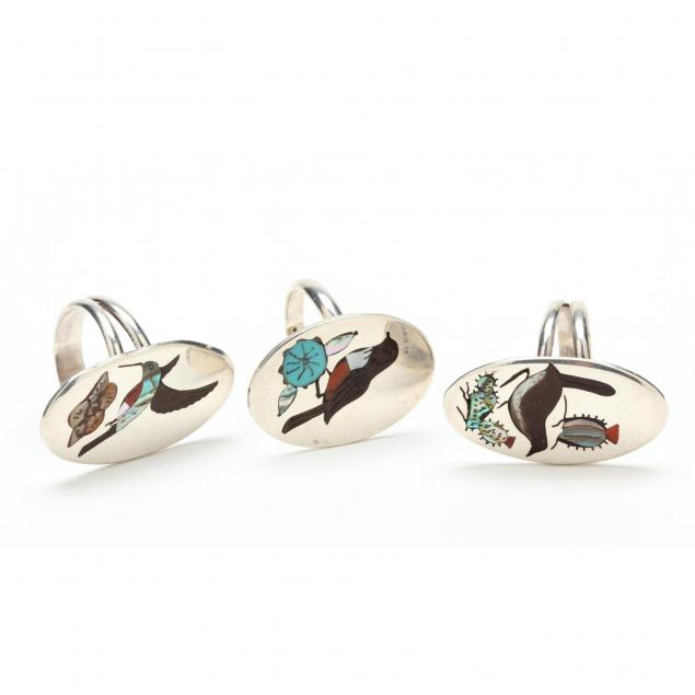 three-sterling-silver-inlaid-bird-rings-signed
