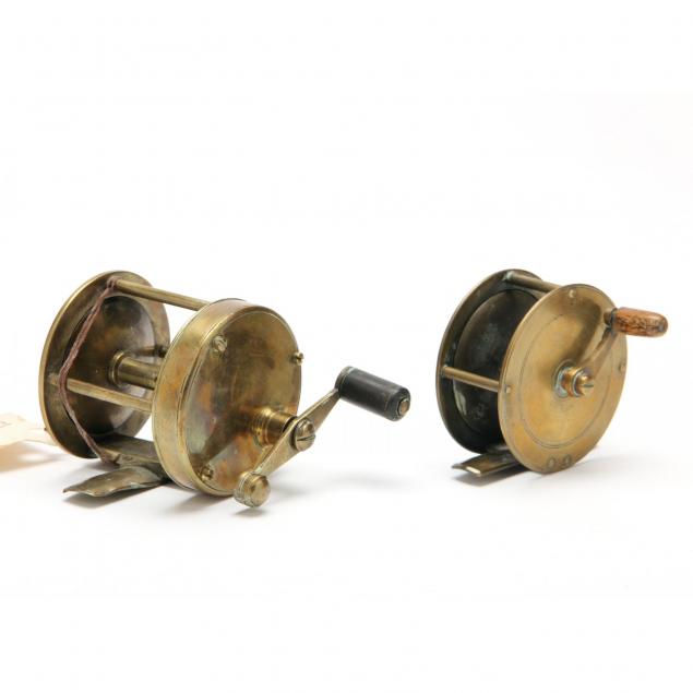 two-antique-brass-spinning-reels
