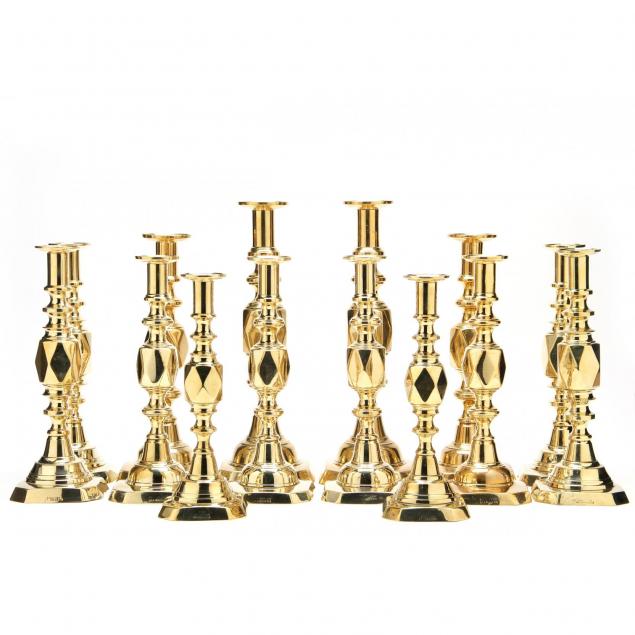 fourteen-piece-set-english-suit-of-diamond-brass-candlesticks