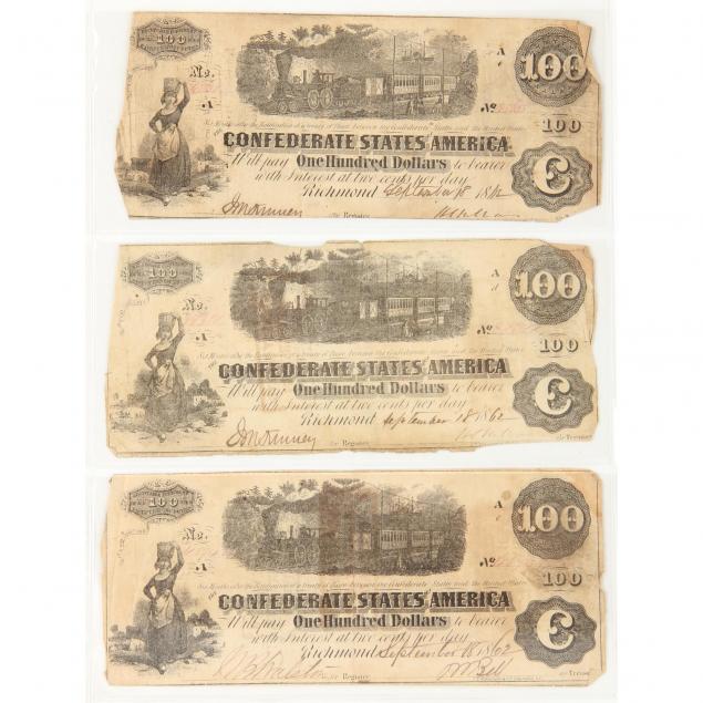 three-confederate-100-notes-t-40-1862