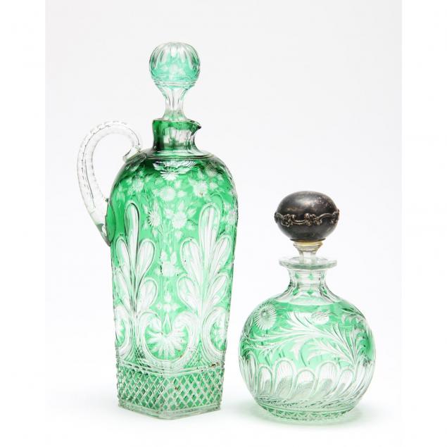 two-antique-emerald-green-cut-to-clear-glass-bottles-att-dorflinger