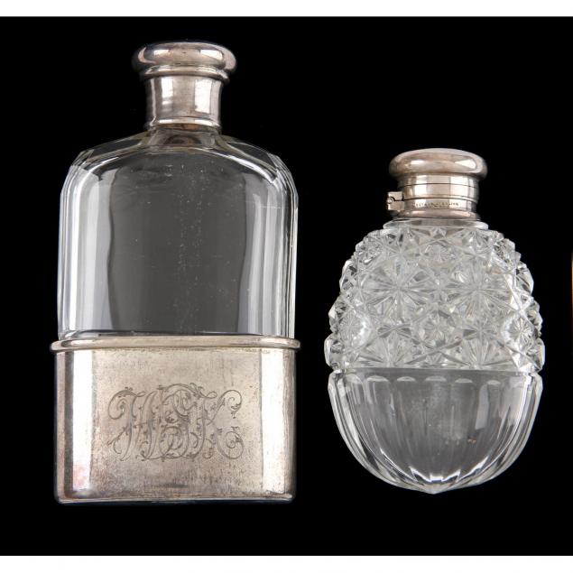 two-antique-tiffany-co-sterling-silver-glass-flasks