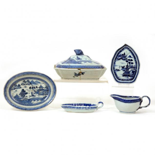 five-pieces-of-chinese-canton-blue-and-white-porcelain