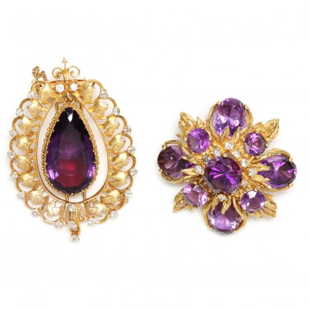 two-gold-amethyst-and-diamond-brooches