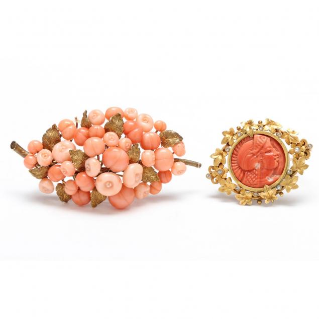two-antique-gold-and-coral-brooches