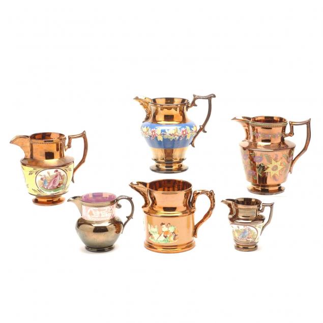 six-antique-english-lustreware-pitchers