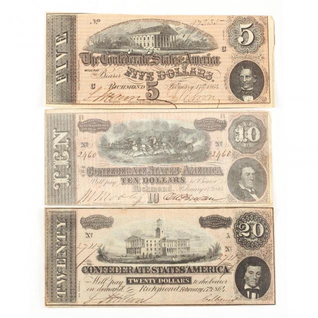three-attractive-1864-confederate-notes