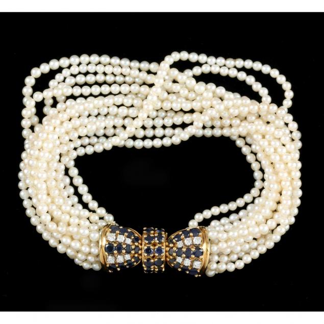 18kt-multi-strand-pearl-sapphire-and-diamond-torsade-bracelet