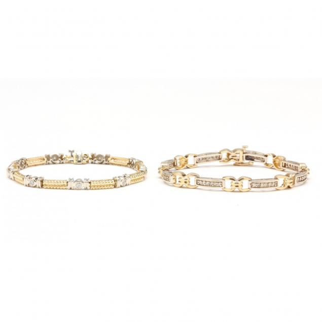 two-14kt-two-color-gold-diamond-bracelets