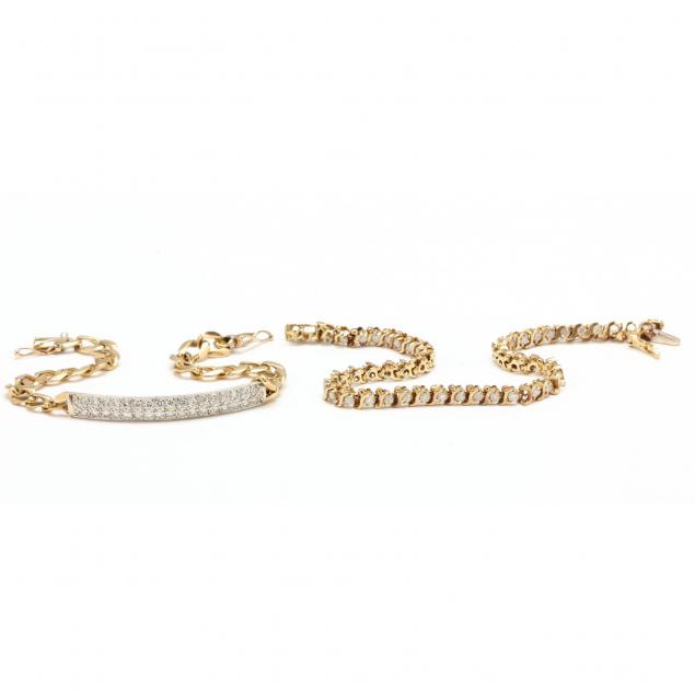 two-14kt-gold-and-diamond-bracelets
