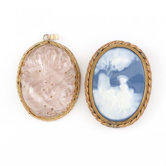 a-vintage-pate-sur-pate-brooch-and-a-vintage-carved-rose-quartz-pendant