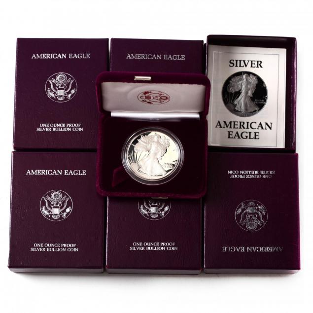 four-1986-s-and-two-1987-s-proof-one-ounce-silver-eagle-bullion-coins