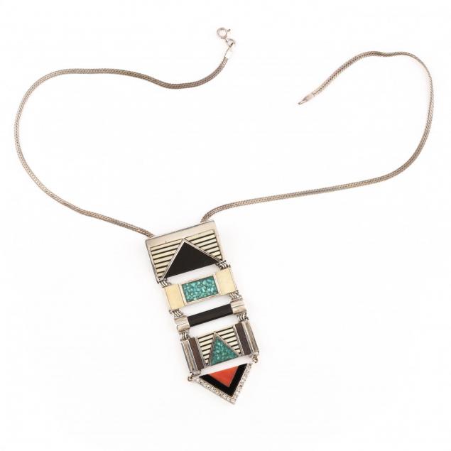 sterling-onyx-turquoise-coral-and-diamond-pendant-convertible-brooch-necklace-mary-ann-scherr-1922-2016