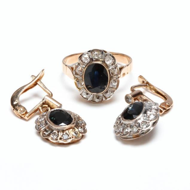 antique-style-18kt-sapphire-and-diamond-ring-and-ear-pendants