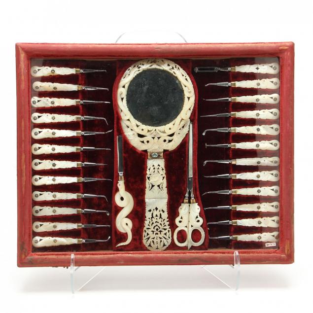 rare-mother-of-pearl-dolphin-form-dental-instrument-set-in-presentation-case