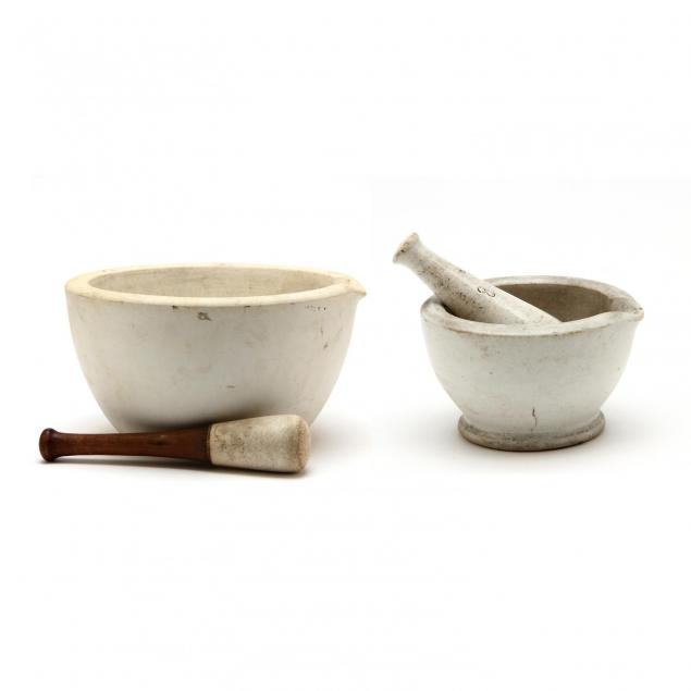 two-vintage-stoneware-mortar-and-pestle-sets