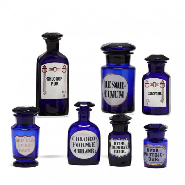 group-of-seven-cobalt-blue-apothecary-bottles