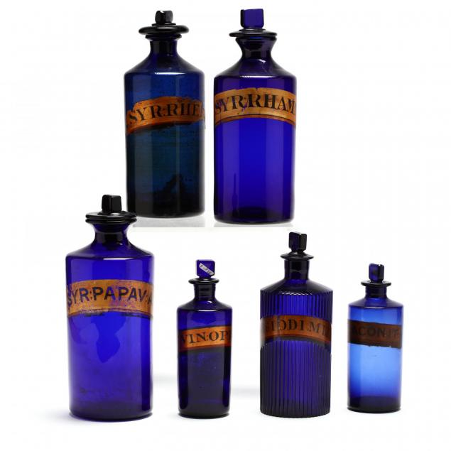 group-of-six-cobalt-blue-syrup-apothecary-bottles