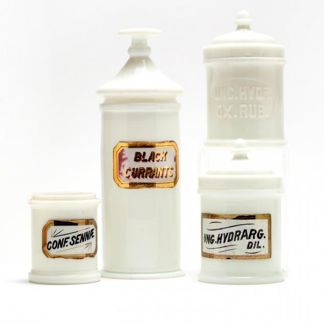 milk-glass-drug-jar-and-three-ointment-jars