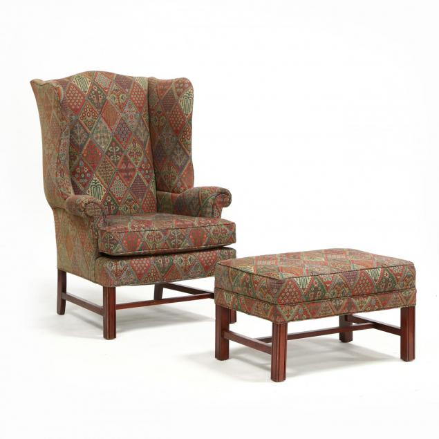 chippendale-style-wing-back-chair-and-ottoman