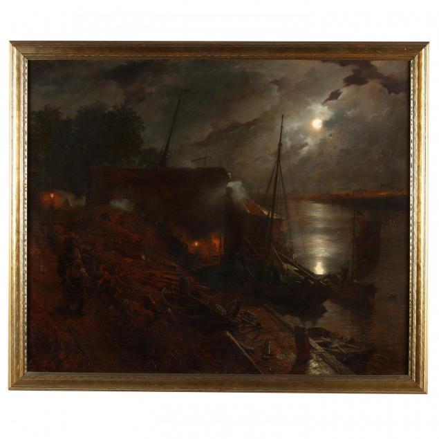 andreas-achenbach-german-1815-1910-a-dutch-harbor-by-moonlight
