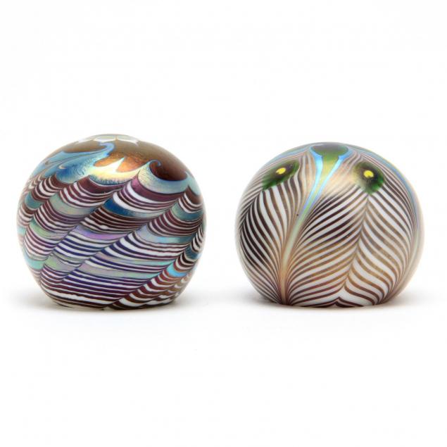 two-lundberg-studios-art-glass-paperweights