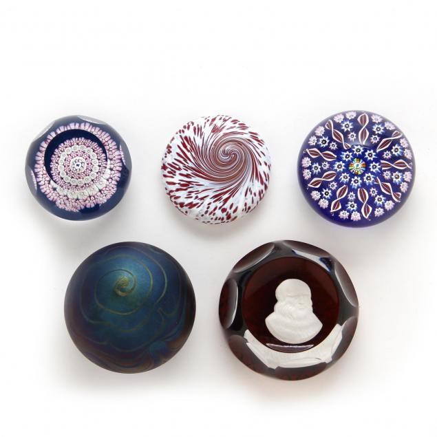 five-assorted-art-glass-paperweights