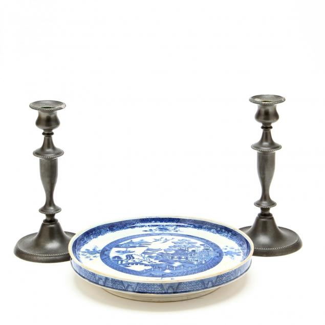antique-blue-willow-cake-plate-and-candlesticks