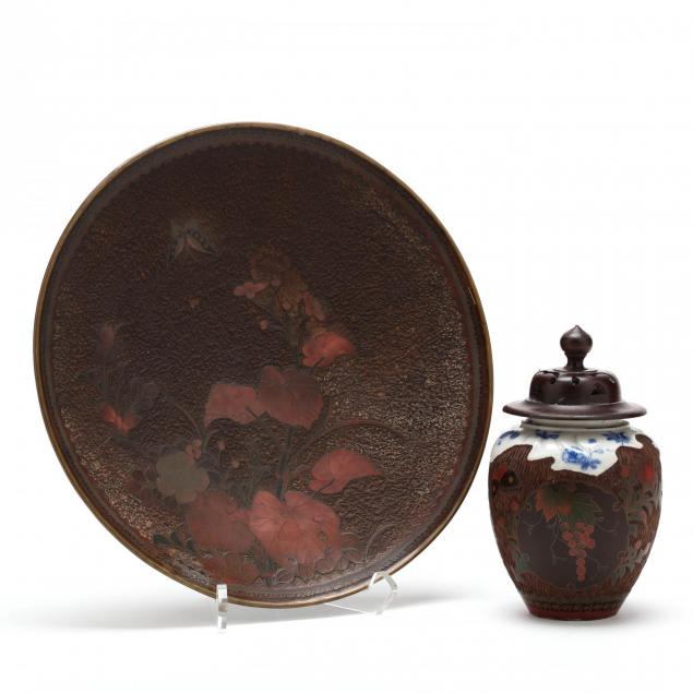 two-japanese-tree-bark-cloisonne-items