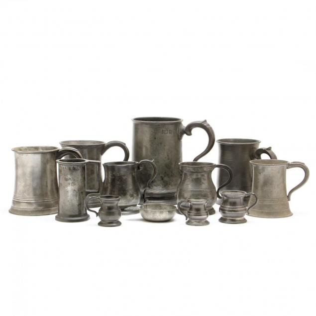 12-antique-pewter-measures-tankards-and-miniature-porringer