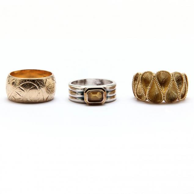 two-gold-rings-and-a-david-yurman-sterling-and-14kt-ring