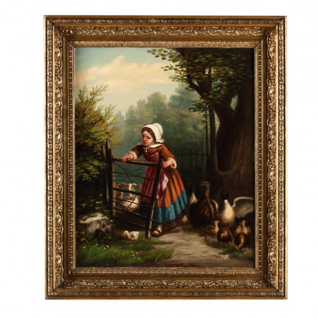 victorian-genre-painting-of-a-young-girl-with-ducks-turkey