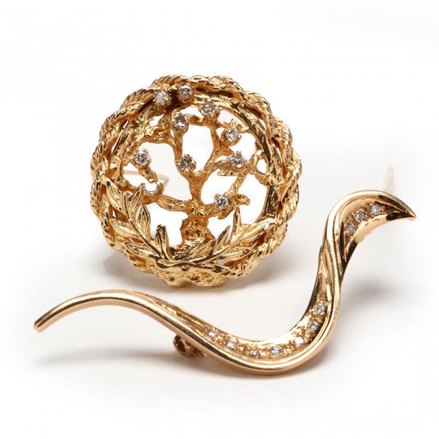 two-14kt-gold-and-diamond-brooches