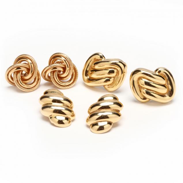 three-pairs-14kt-yellow-gold-earrings